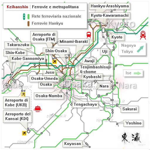 Mappa schematica delle linee ferroviarie della rete Hankyu tra Kyoto, Osaka e Kobe