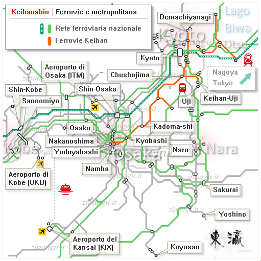 Mappa schematica delle linee ferroviarie della rete nazionale e della rete Keihan tra Kyoto, Nara, Osaka e Kobe