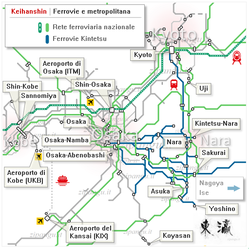 Mappa schematica delle linee ferroviarie della rete Kintetsu tra Kyoto, Osaka e Nara
