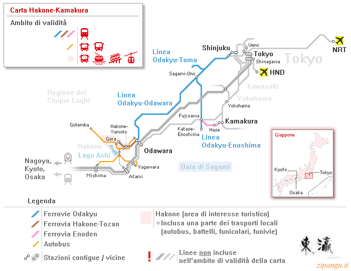 Giappone: mappa dell'ambito di validità della Carta Hakone-Kamakura (Ferrovie Odakyu); linee ferroviarie e stazioni principali