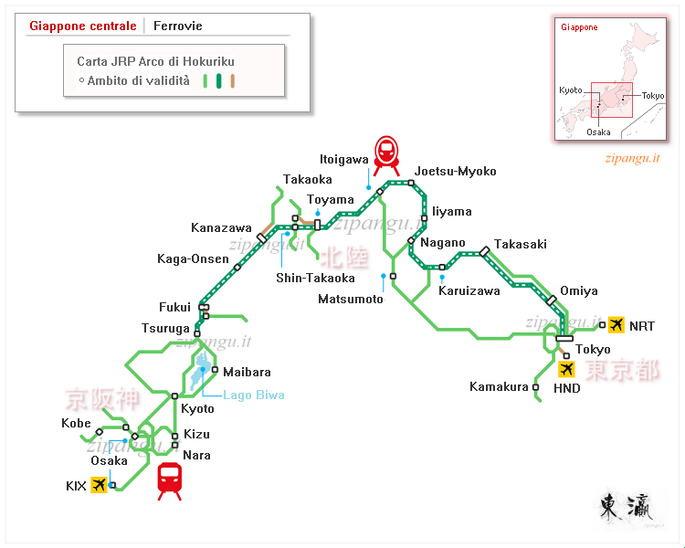 Carta JRP Arco di Hokuriku (Hokuriku Arch Pass): ambito di validità; linee ferroviarie e stazioni principali