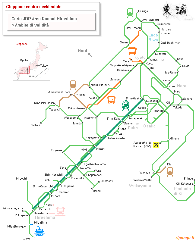 Carta JRP Area Kansai-Hiroshima: ambito di validità. Questa carta offre ottime possibilità di risparmio a chi viaggia tra Kyoto, Osaka e Hiroshima