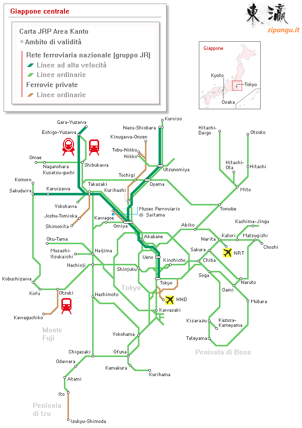 Carta JRP Area Kanto (Tokyo Wide Pass): mappa dell'ambito di validità; linee ferroviarie e stazioni principali