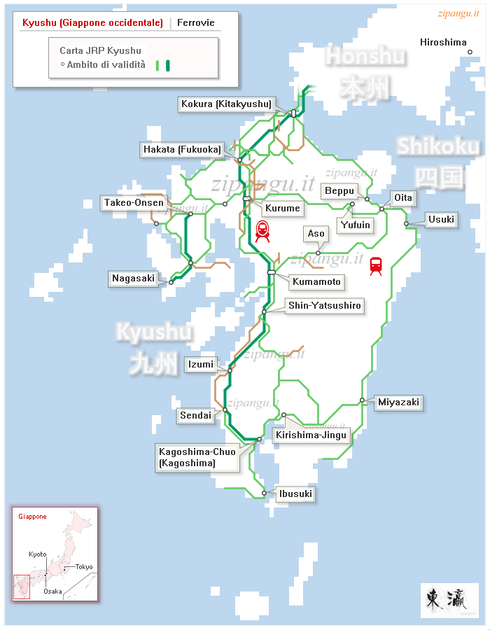 Carta ferroviaria turistica JRP Kyushu: ambito di validità; linee ferroviarie e stazioni principali