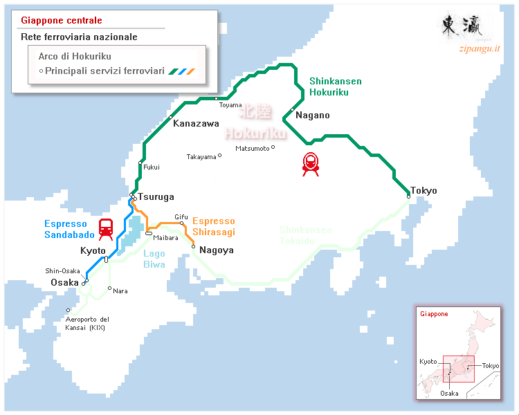 Giappone: mappa schematica delle ferrovie principali lungo l'Arco di Hokuriku; linee tra Tokyo, Kanazawa, Nagoya, Kyoto e Osaka