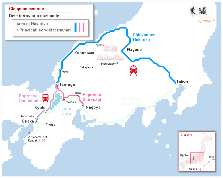 Giappone: mappa schematica delle ferrovie principali lungo l'Arco di Hokuriku; linee tra Tokyo, Kanazawa, Nagoya, Kyoto e Osaka