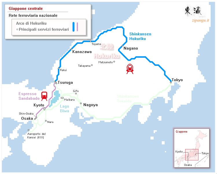 Giappone: mappa schematica dei principali servizi ferroviari lungo l'Arco di Hokuriku (tra Tokyo, Kanazawa, Tsuruga, Kyoto e Osaka)