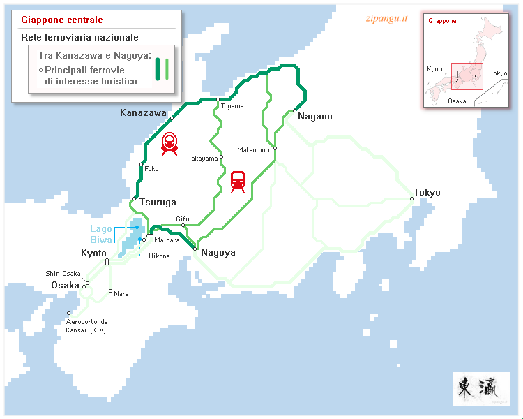 Giappone: mappa schematica delle principali ferrovie di interesse turistico tra Nagoya e Kanazawa
