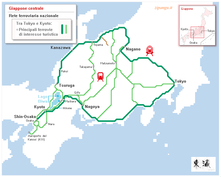 Giappone: mappa schematica delle principali ferrovie di interesse turistico tra Tokyo e Kyoto