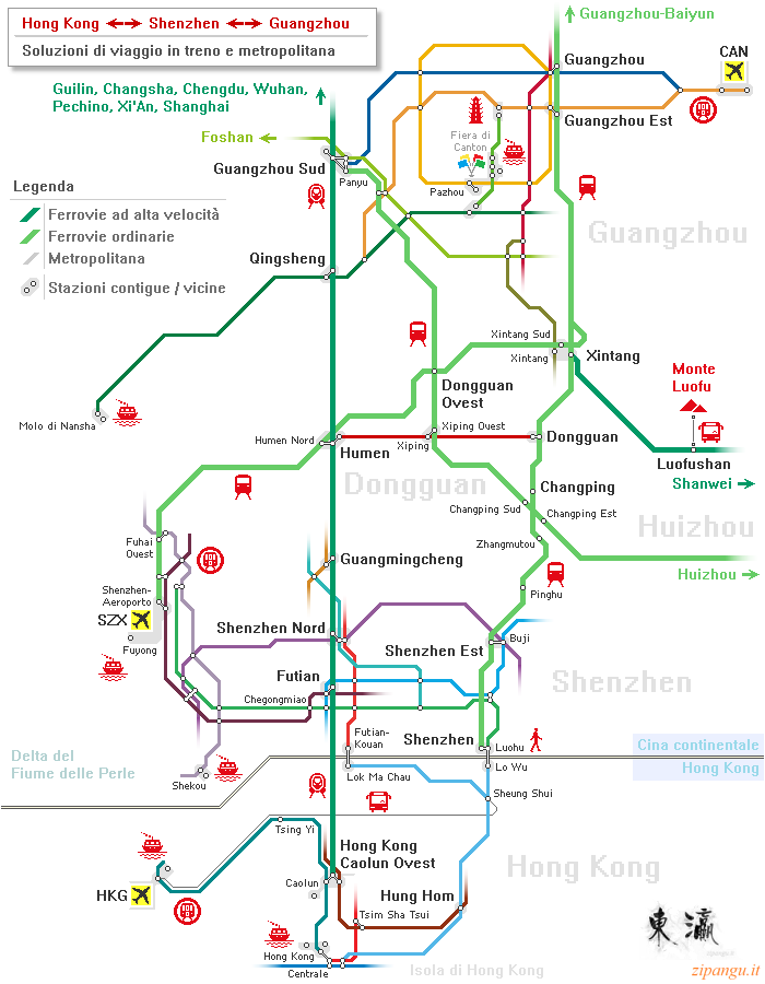 Cina: mappa schematica delle ferrovie che collegano Hong Kong, Shenzhen e Guangzhou