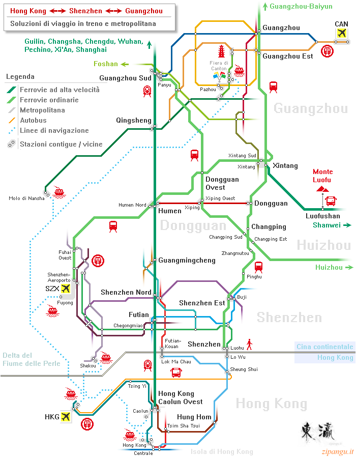 Cina: mappa schematica delle ferrovie che collegano Hong Kong, Shenzhen e Guangzhou