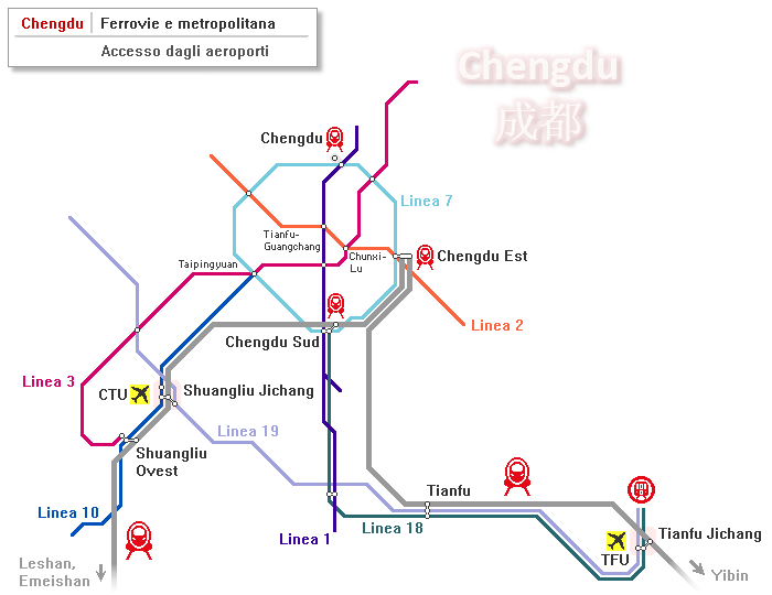 Chengdu: mappa delle principali linee della rete ferroviaria e della metropolitana. Accesso dagli aeroporti (CTU e TFU)
