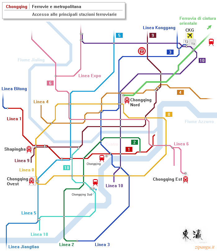 Chongqing: mappa schematica della metropolitana; linee principali; accesso alle stazioni ferroviarie