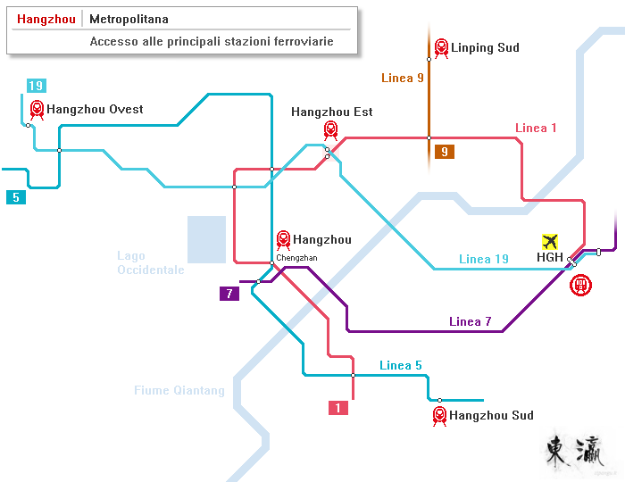 Hangzhou: mappa schematica della metropolitana; linee principali; accesso alle stazioni ferroviarie