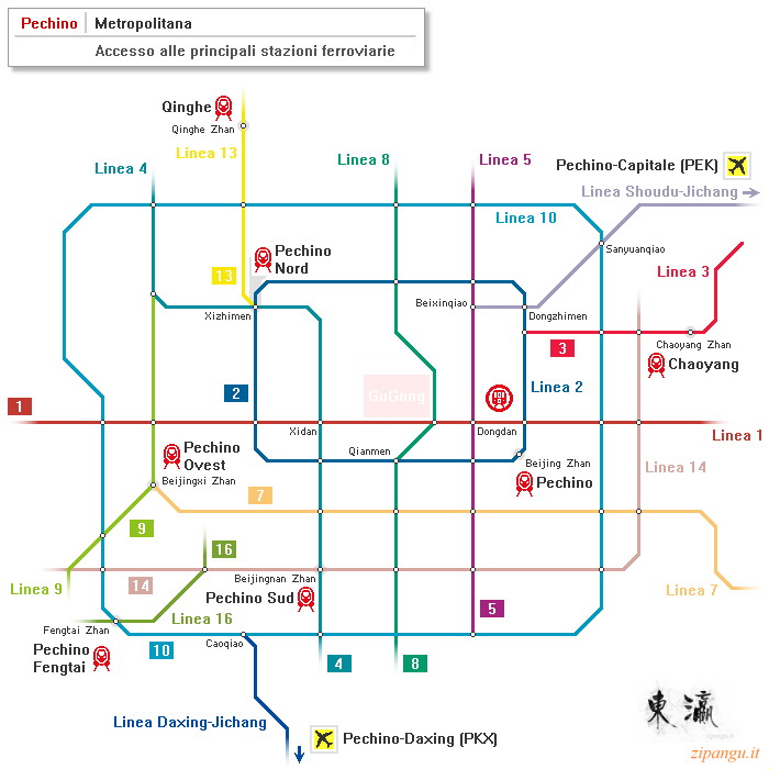 Pechino: mappa schematica della metropolitana; linee principali; accesso alle stazioni ferroviarie