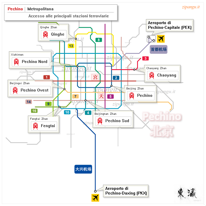 Pechino: mappa schematica della metropolitana; linee principali; accesso alle stazioni ferroviarie