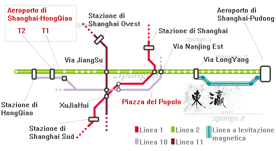 Shanghai: diagramma della Linea 2; soluzioni di viaggio tra l'Aeroporto di Shanghai-HongQiao e il centro di Shanghai