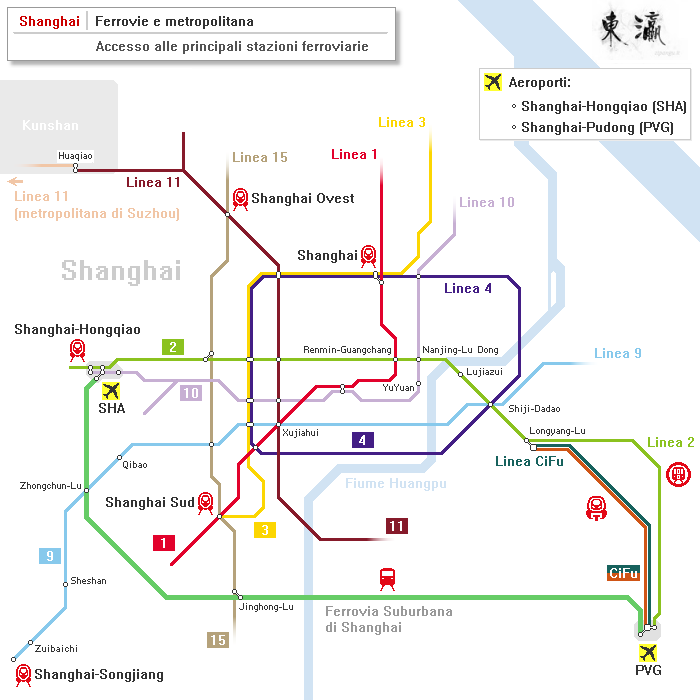 Shanghai: mappa schematica della metropolitana; linee principali; accesso alle stazioni ferroviarie