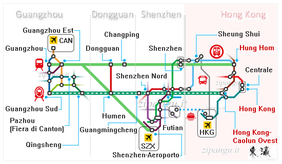 Soluzioni di viaggio in treno tra Hong Kong, Shenzhen e Guangzhou: diagramma delle linee ferroviarie principali; stazioni a Hong Kong