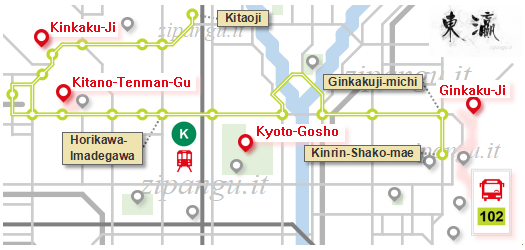Kyoto: mappa schematica della Linea 102 degli autobus municipali (Raku 102)