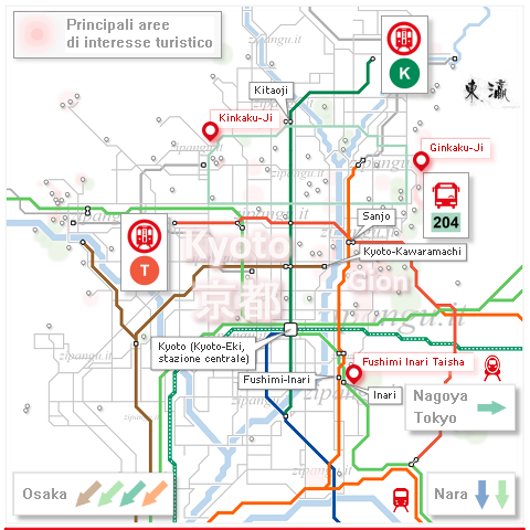 Kyoto; itinerario di 1 giorno (Kinkaku-Ji, Ginkaku-Ji, Gion, Fushimi Inari Taisha): mappa schematica della rete di trasporti pubblici