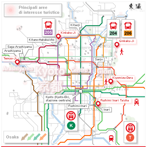 Kyoto; itinerario di 2 giorni (Higashiyama, Ginkaku-Ji, Kinkaku-Ji, Arashiyama, Fushimi Inari Taisha): mappa schematica della rete di trasporti pubblici