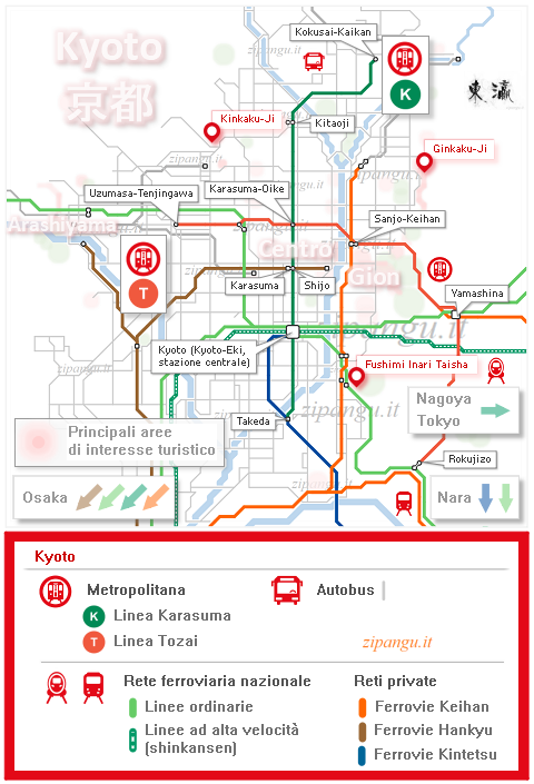 Kyoto; mappa schematica della metropolitana di Kyoto: Linea Karasuma (K), Linea Tozai (T); principali stazioni di accesso alla rete