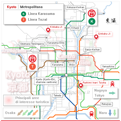 Kyoto; mappa schematica della metropolitana: Linea Karasuma (K), Linea Tozai (T); principali stazioni di accesso alla rete