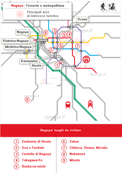 Nagoya: mappa schematica delle linee ferroviarie e della metropolitana; aree di interesse turistico