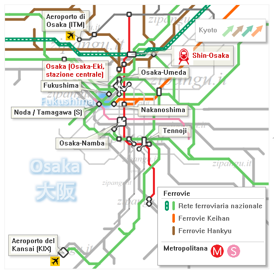 Osaka; dove alloggiare a Fukushima: mappa schematica dei collegamenti ferroviari