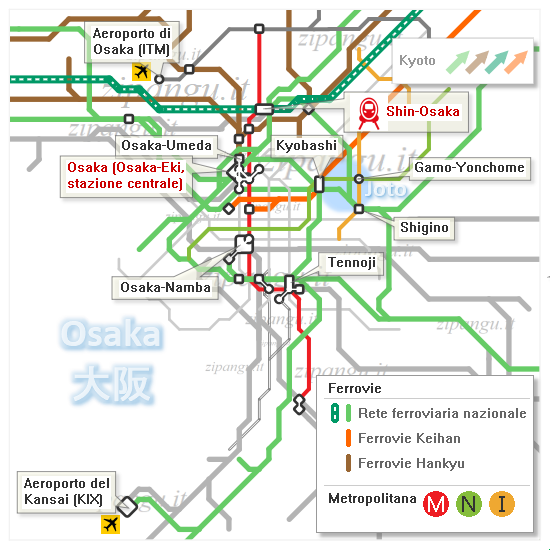 Osaka; dove alloggiare a Joto: mappa schematica dei collegamenti ferroviari