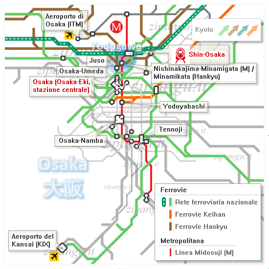 Osaka; dove alloggiare a Yodogawa: mappa schematica dei collegamenti ferroviari