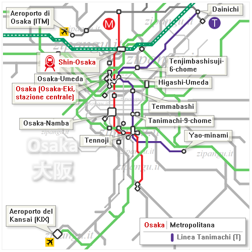 Osaka: mappa schematica della Linea Tanimachi