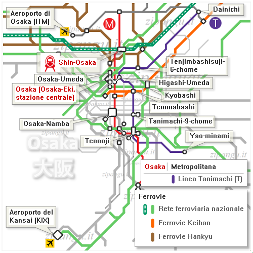 Osaka: mappa schematica della Linea Tanimachi; ferrovie pubbliche e private
