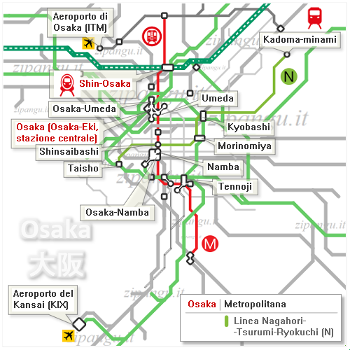 Osaka: mappa schematica della Linea Nagahori Tsurumi-Ryokuchi