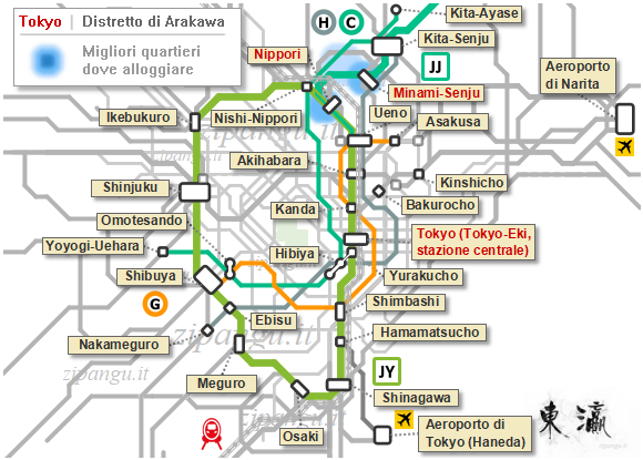 Tokyo; dove alloggiare ad Arakawa: mappa schematica dei collegamenti ferroviari