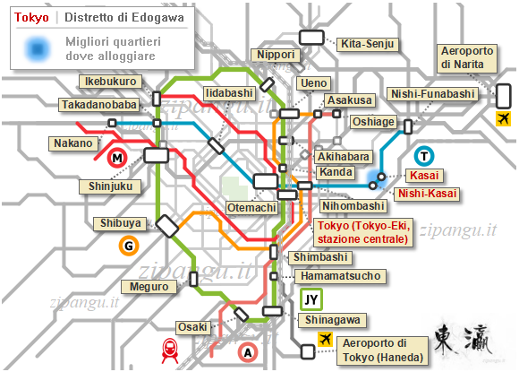 Tokyo; dove alloggiare a Edogawa: mappa schematica dei collegamenti ferroviari