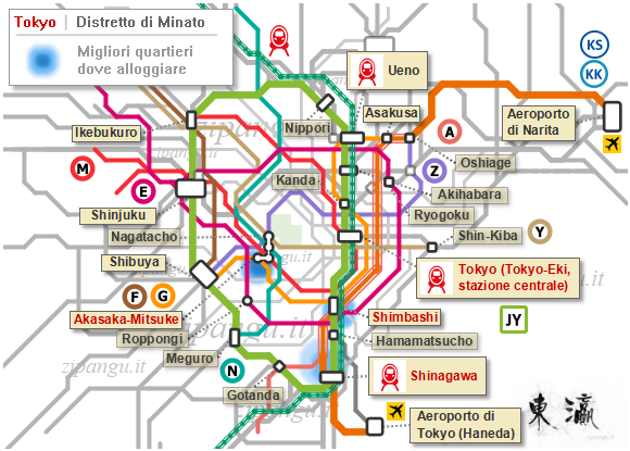 Tokyo: dove alloggiare a Minato; mappa schematica dei migliori quartieri dove cercare l'albergo