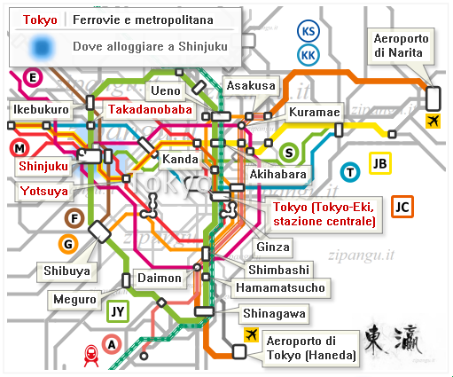 Tokyo: mappa schematica dei quartieri dove alloggiare a Shinjuku; linee ferroviarie e della metropolitana