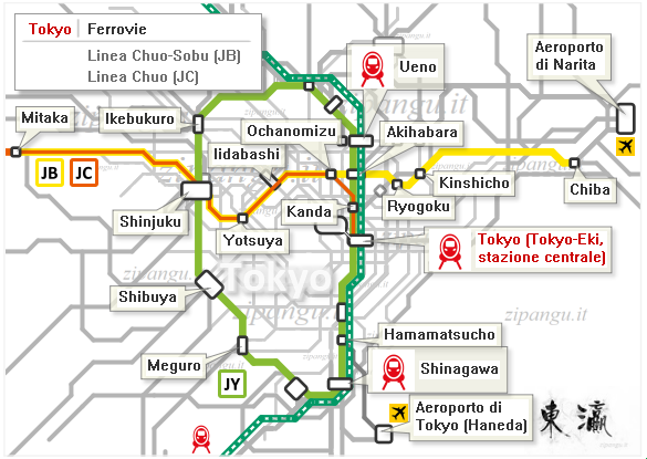 Tokyo: mappa schematica delle linee Yamanote-sen, Chuo-sen e Chuo-Sobu-sen