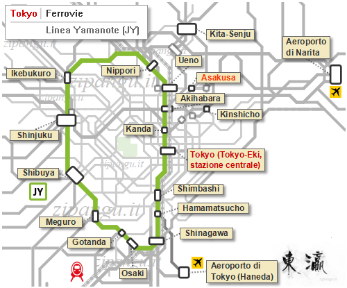 Tokyo: mappa schematica della Linea Yamanote; localizzazione della Stazione di Asakusa