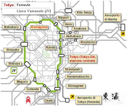 Tokyo: mappa schematica della Linea Yamanote; localizzazione della Stazione di Komagome