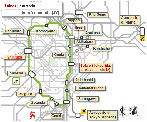 Tokyo: mappa schematica della Linea Yamanote; localizzazione della Stazione di Shinjuku