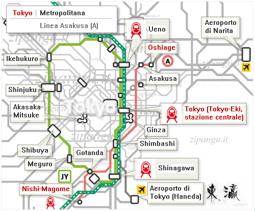 Tokyo: mappa schematica della Linea Asakusa; Linea Yamanote