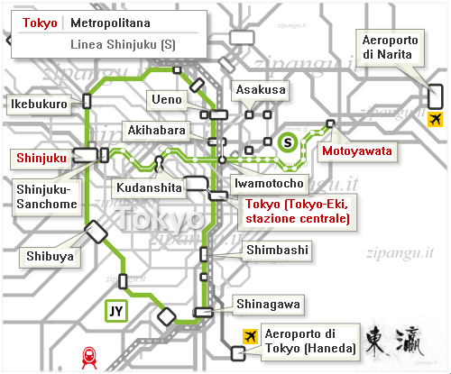 Tokyo: mappa schematica della Linea Shinjuku; Linea Yamanote