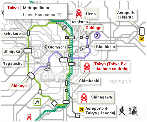 Tokyo: mappa schematica della Linea Hanzomon; Linea Yamanote
