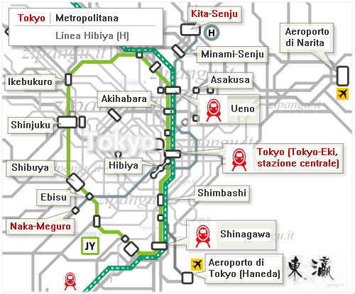 Tokyo: mappa schematica della Linea Hibiya; Linea Yamanote