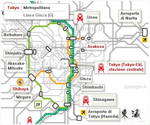 Tokyo: mappa schematica della Linea Ginza; Linea Yamanote