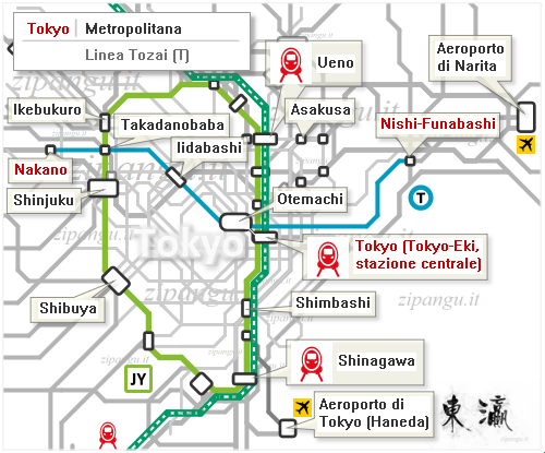 Tokyo: mappa schematica della Linea Tozai; Linea Yamanote