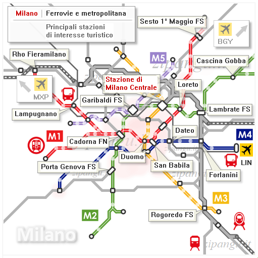 Milano: mappa schematica della metropolitana e delle ferrovie urbane e suburbane